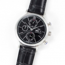 Portofino Chrono SS ZF black Dial on Black Leather Strap A7750